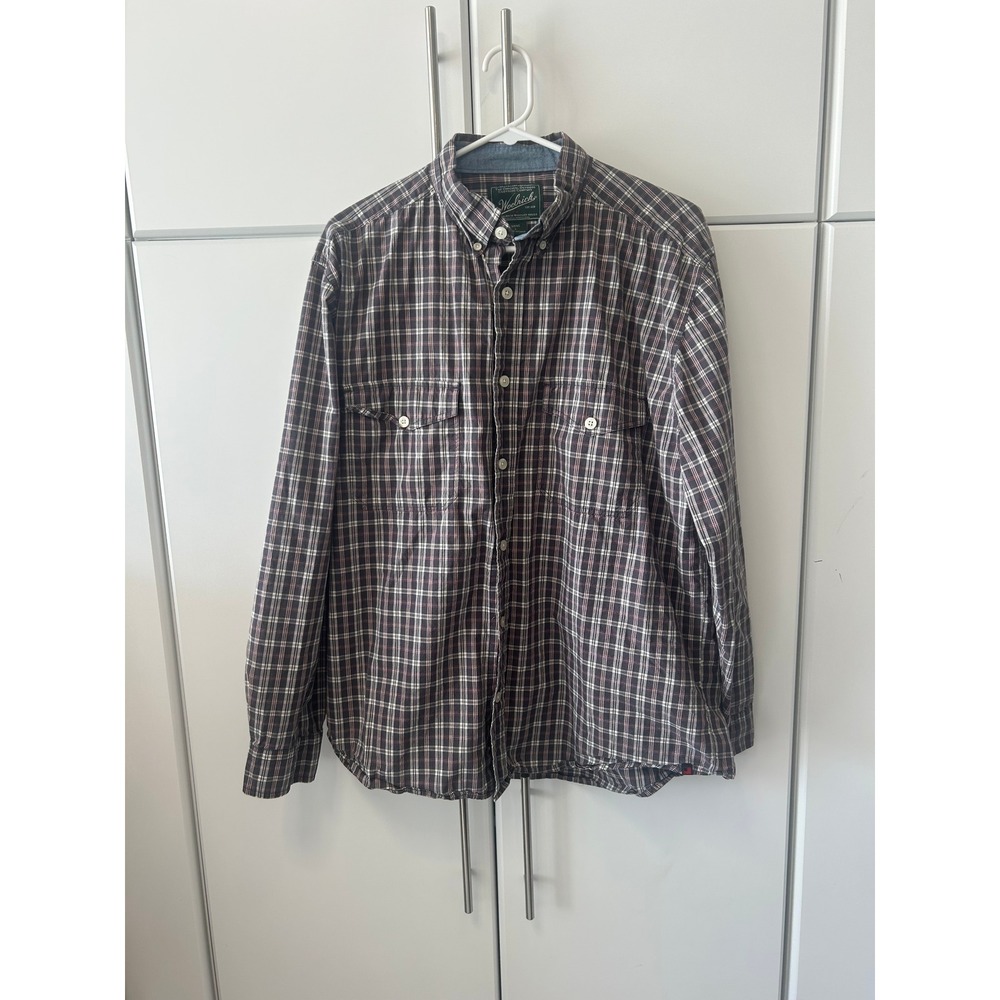 Woolrich Mens Large Navy Red White Plaid Button Down Shirt Long Sleeve Outdoor